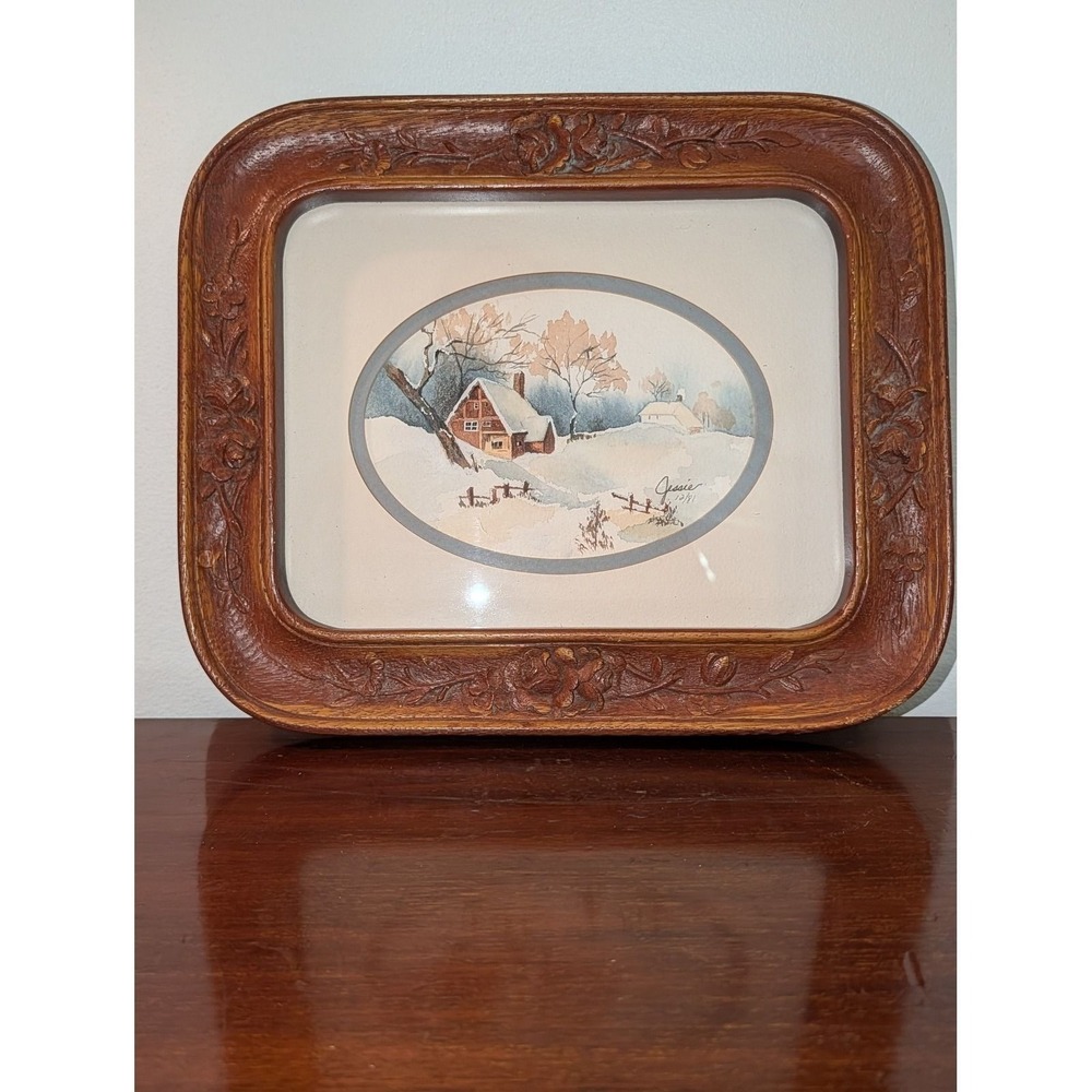 Vintage 1981 Winter Cabin Watercolor Carved Wood Frame 12.5x9.5